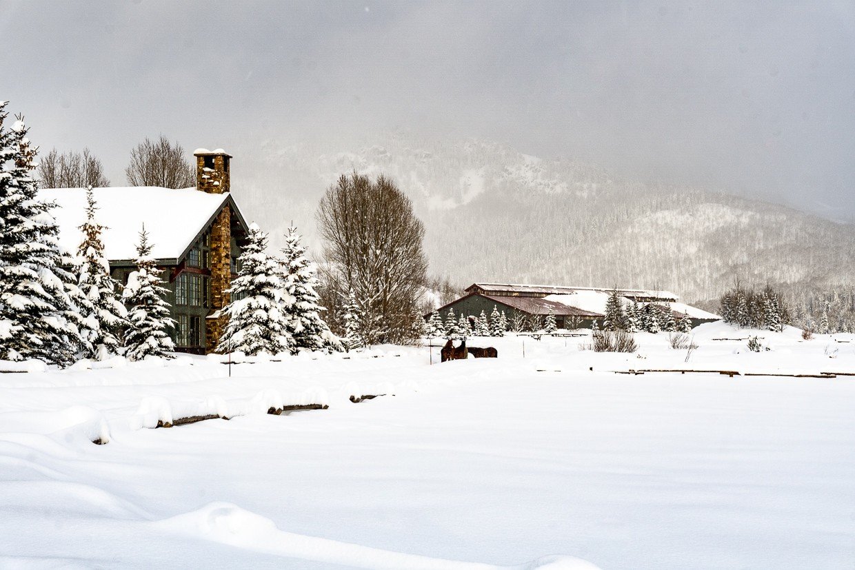 Snow-covered landscape with a rustic house and pine trees, with mountains in the background on an overcast day.