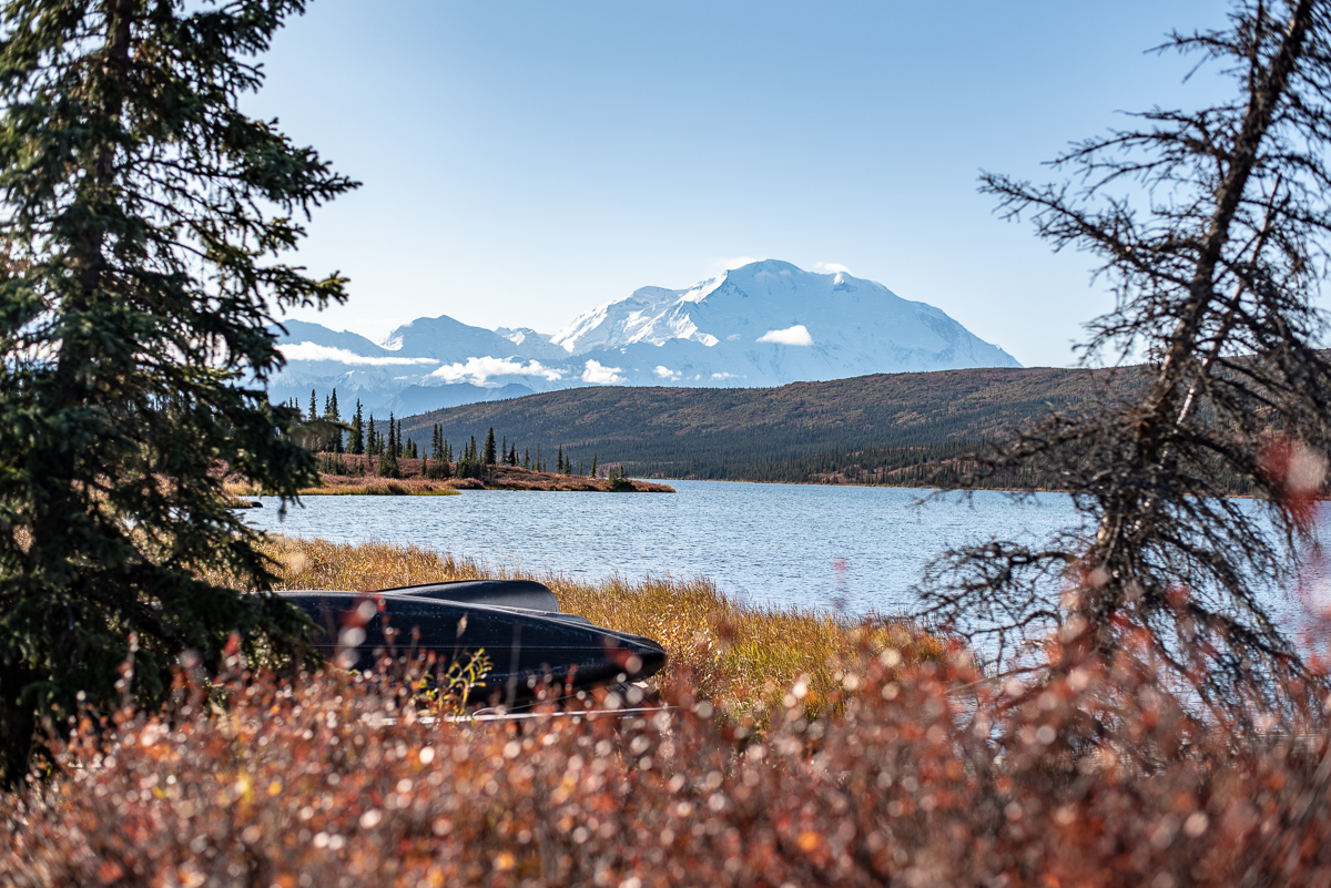 Snow-capped mountain in the background with a lake and pine trees in the foreground, partially obscured by autumn shrubs. Two canoes are visible near the lake's edge.