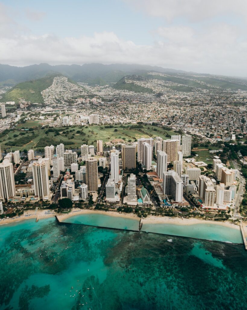 Oahu coastline filled with tall buildings.