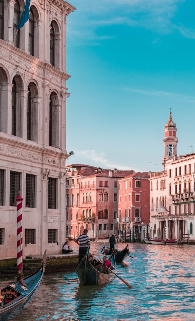 Gondolas on the riverways of Venice, Italy.