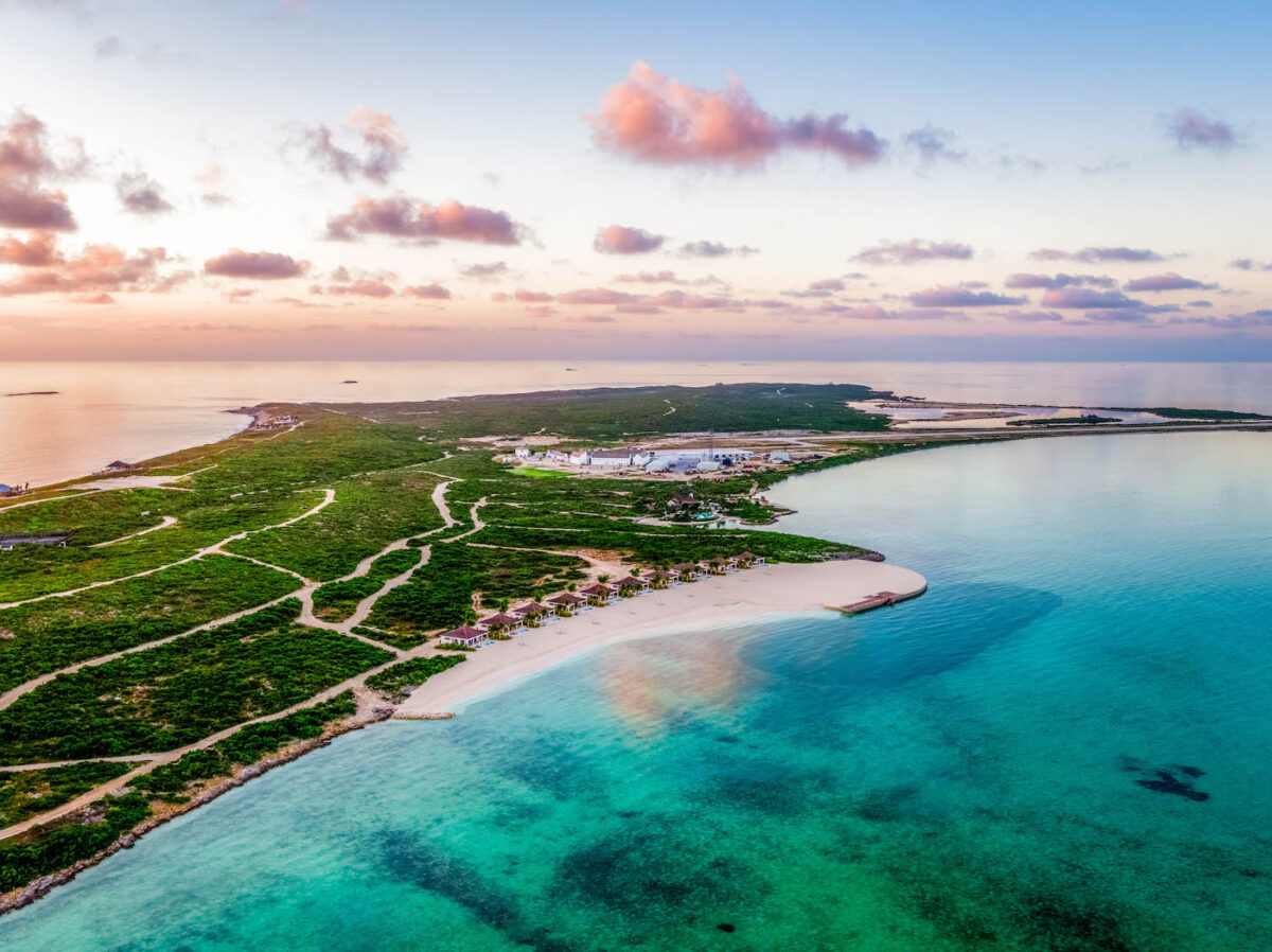 Aerial view of the beachfront pool at Ambergris Bay Resort.